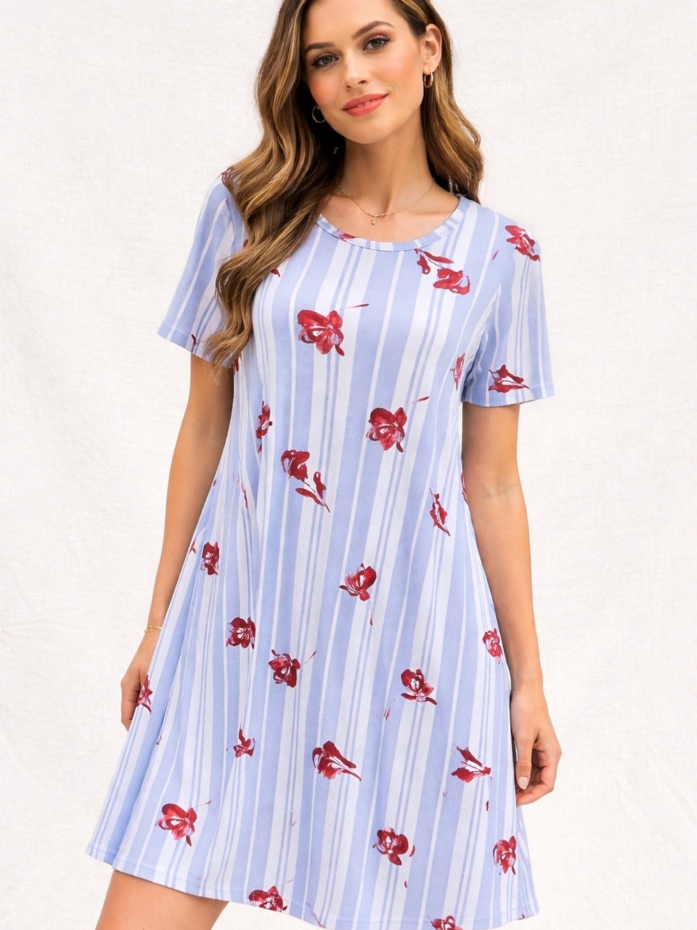 LuLaRoe Carly Dress Small Blue Stripe Red Floral Swing T Shirt Dress